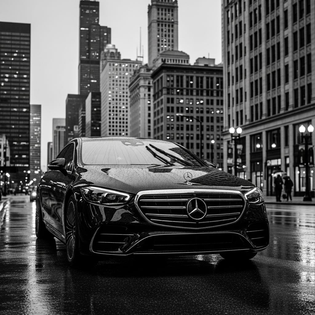 Black car service in Chicago featuring Mercedes-Benz S-Class.