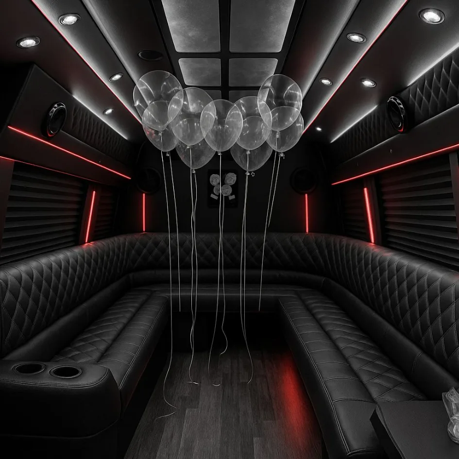 Chicago Sprinter van limo with premium leather seating and ambient lighting Chicago Sprinter van limo with premium leather seating and ambient lighting