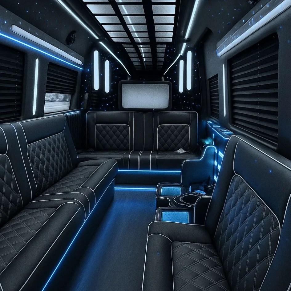 Luxury Sprinter party bus interior with plush leather seats and LED lights Luxury Sprinter party bus interior with plush leather seats and LED lights