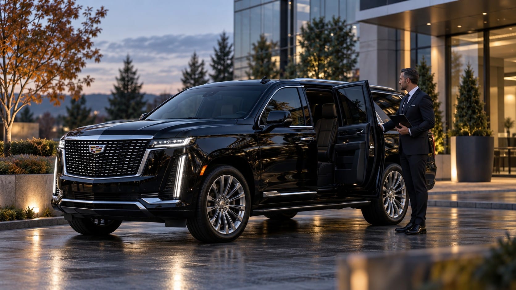 Black car service Chicago suburbs chauffeur holding a tablet beside a Cadillac Escalade with the door open outside an office building at dusk