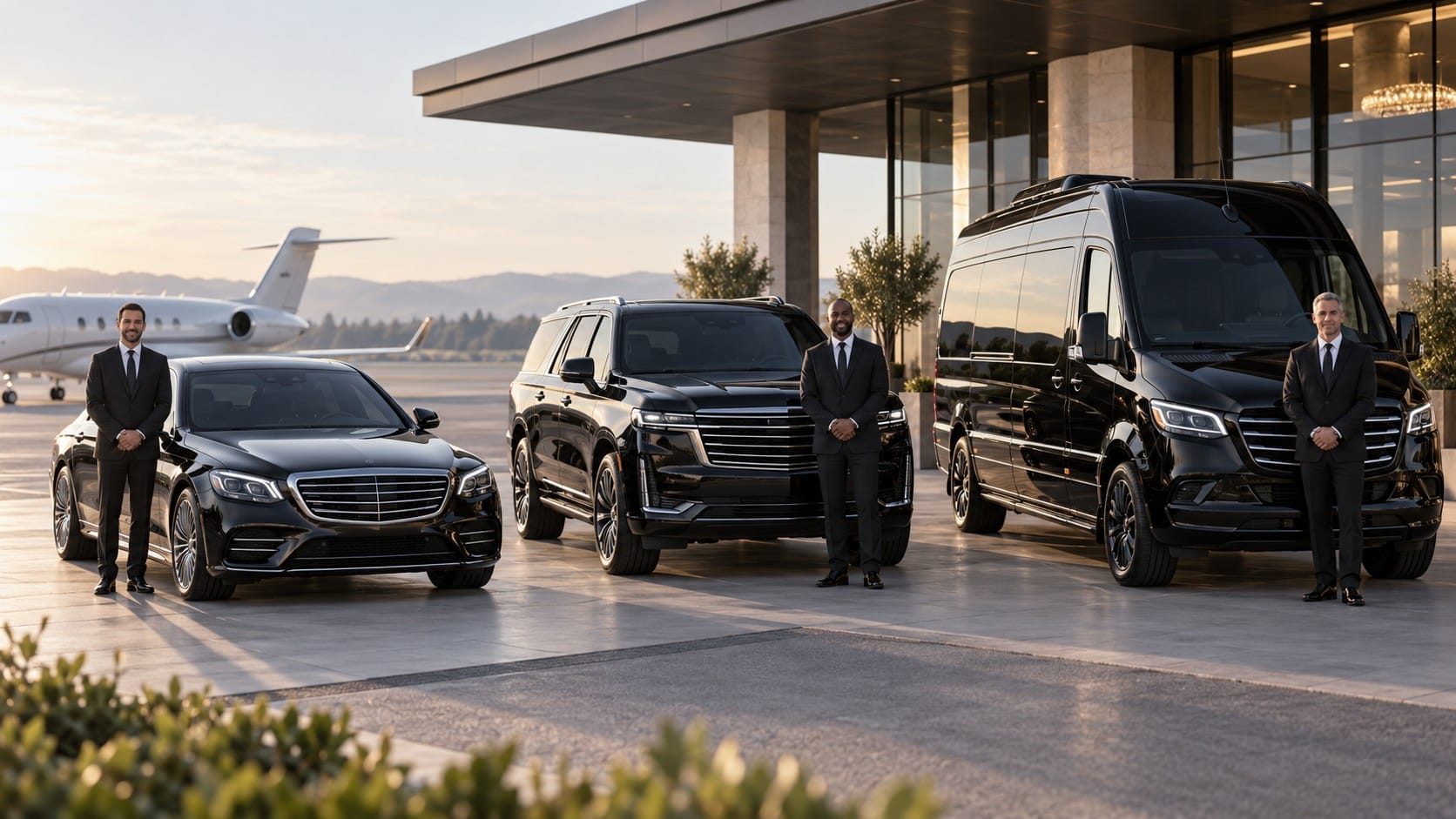 Black car service vehicle guide showing three chauffeurs beside a Mercedes S-Class sedan, Cadillac Escalade SUV, and Mercedes Sprinter van at a private airport terminal