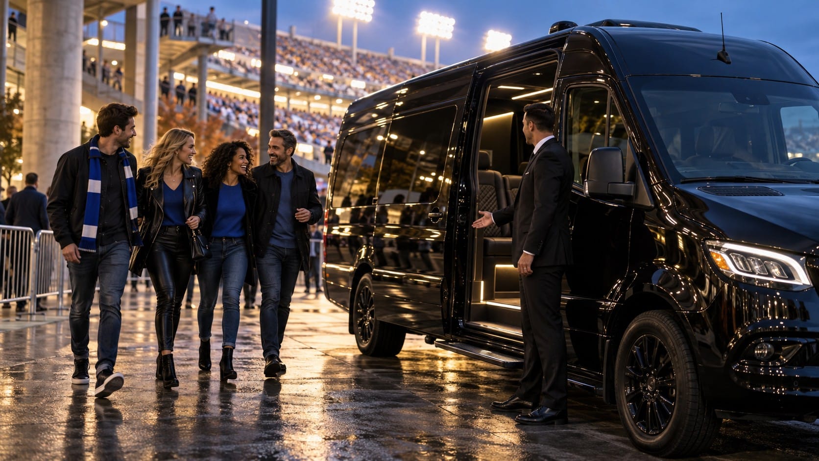 Chicago venue transportation chauffeur welcoming a group of friends into a black Mercedes Sprinter van outside a stadium at night
