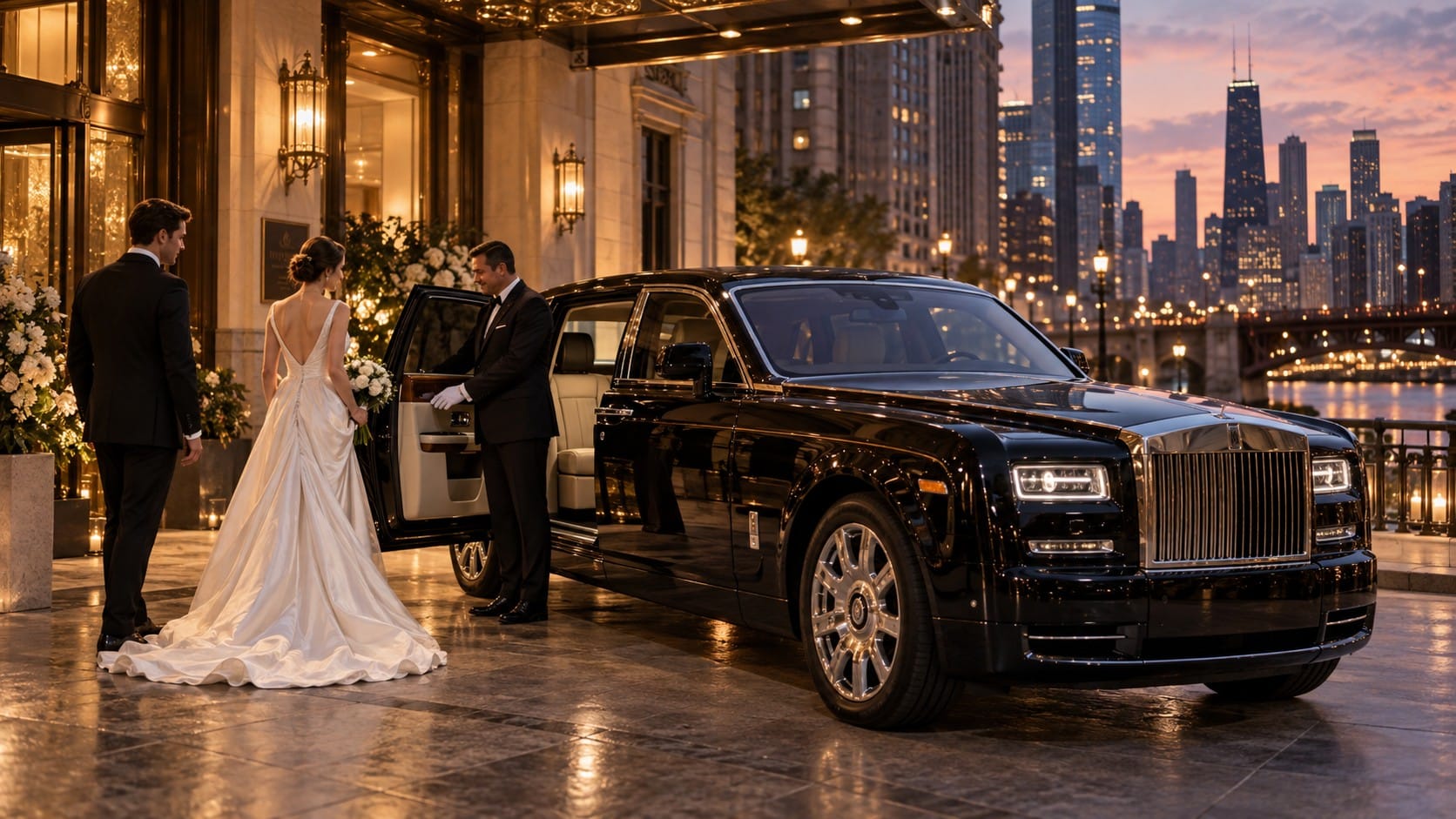 Chicago wedding transportation chauffeur opening the door of a black Rolls-Royce Phantom for a bride and groom outside a hotel entrance at dusk