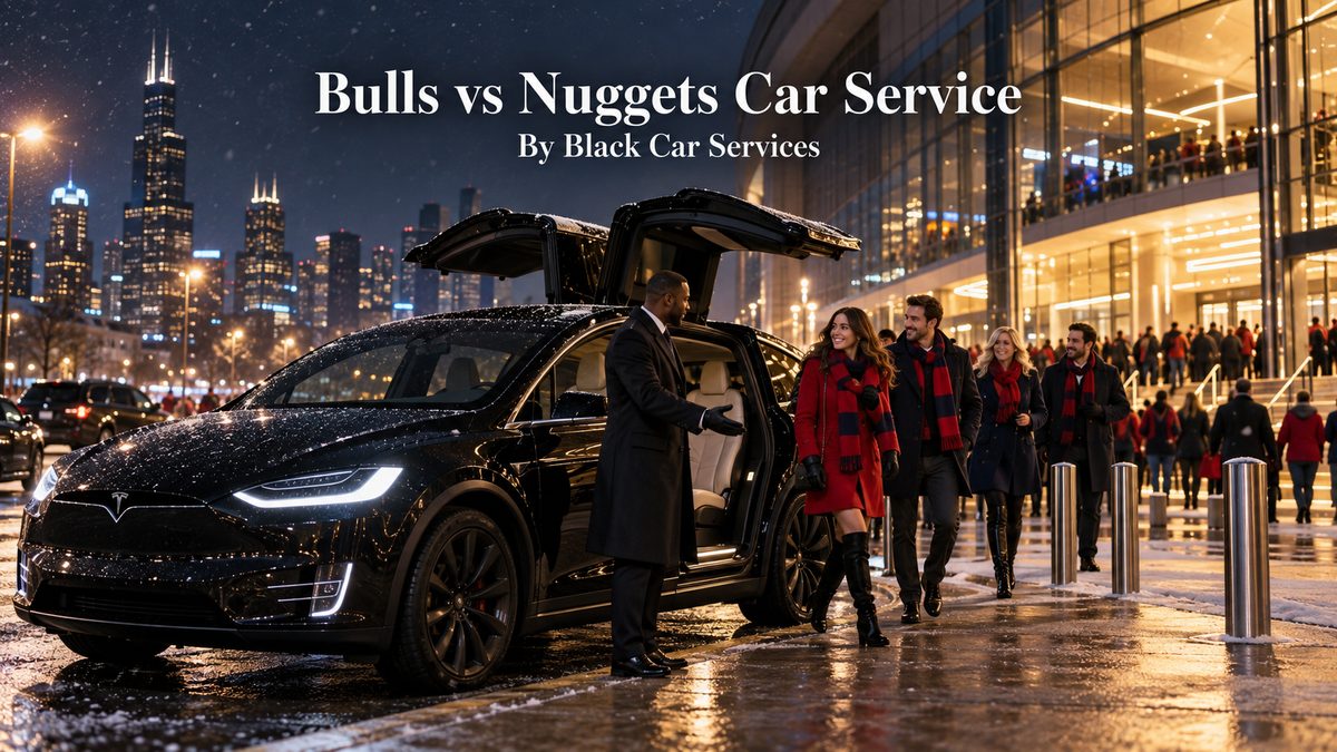 Bulls vs Nuggets car service with a black Tesla Model X, falcon-wing doors open, and chauffeur dropping off fans near the United Center on a November game night