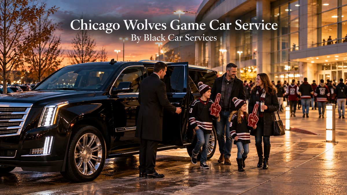 Chicago Wolves game car service with a black Cadillac Escalade ESV dropping off a family in hockey jerseys outside a suburban hockey arena at dusk