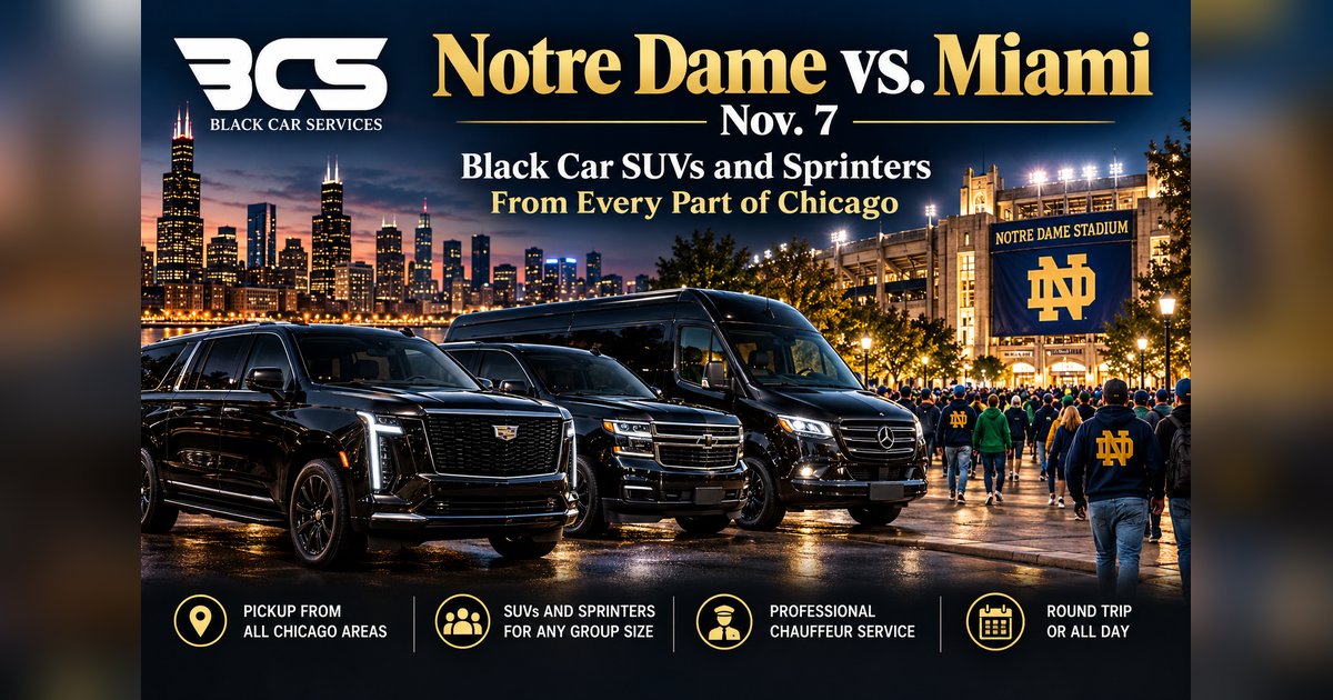 Black Car Services black Cadillac Escalade, Chevrolet Suburban and Mercedes Sprinter near Notre Dame Stadium with Chicago skyline for Notre Dame vs Miami game transportation